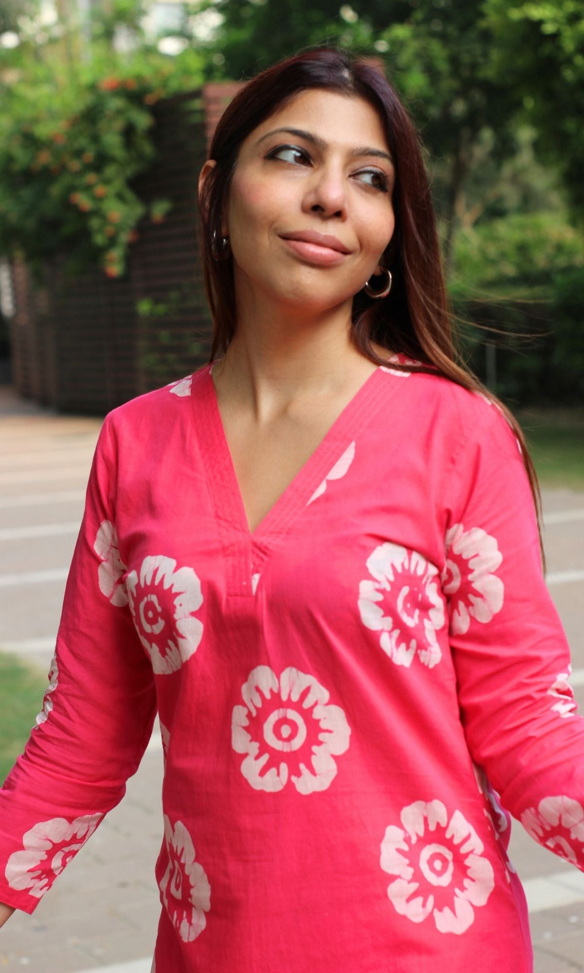 Cotton Hot Pink Batik Print Suit Set with Chiffon Printed Dupatta - Baareeki