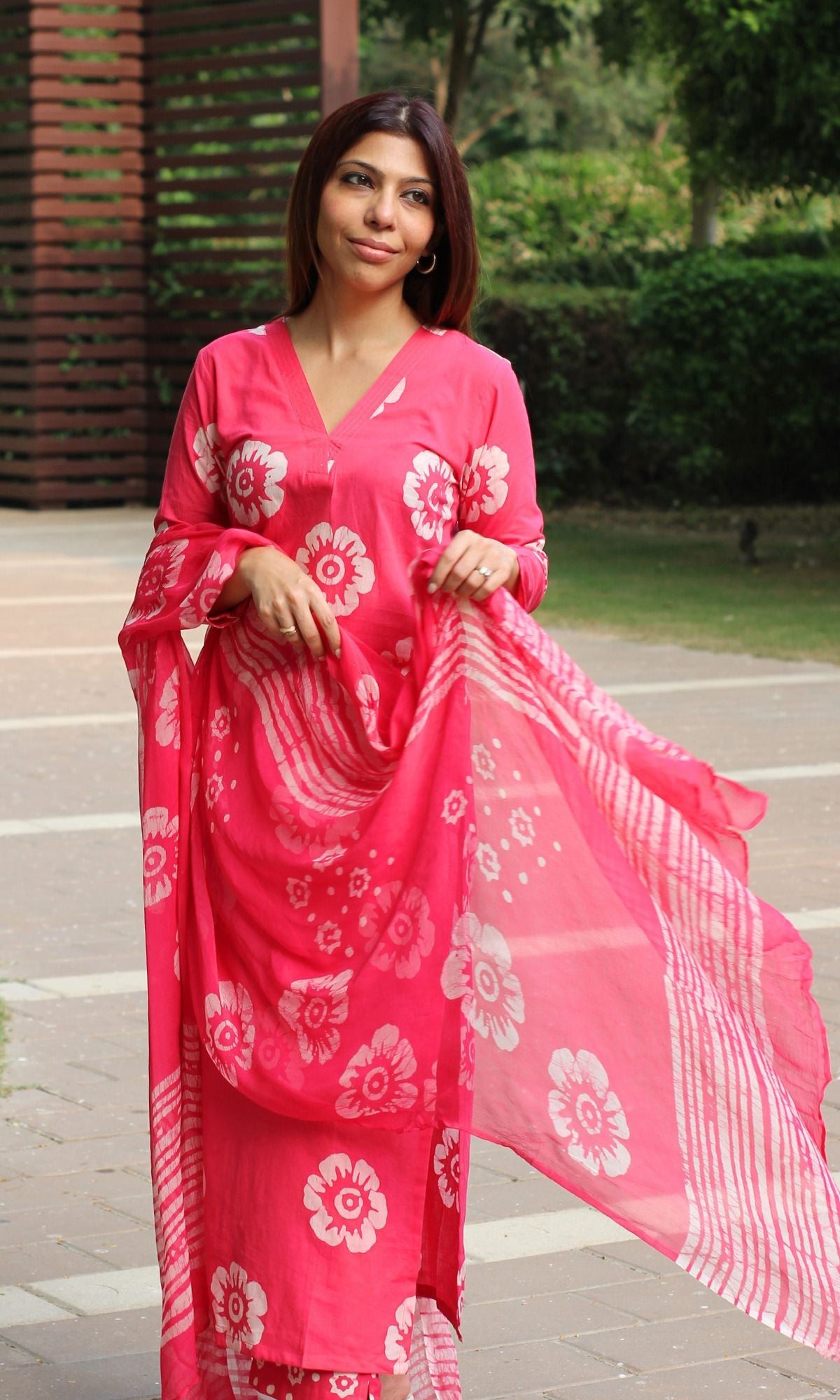 Cotton Hot Pink Batik Print Suit Set with Chiffon Printed Dupatta - Baareeki