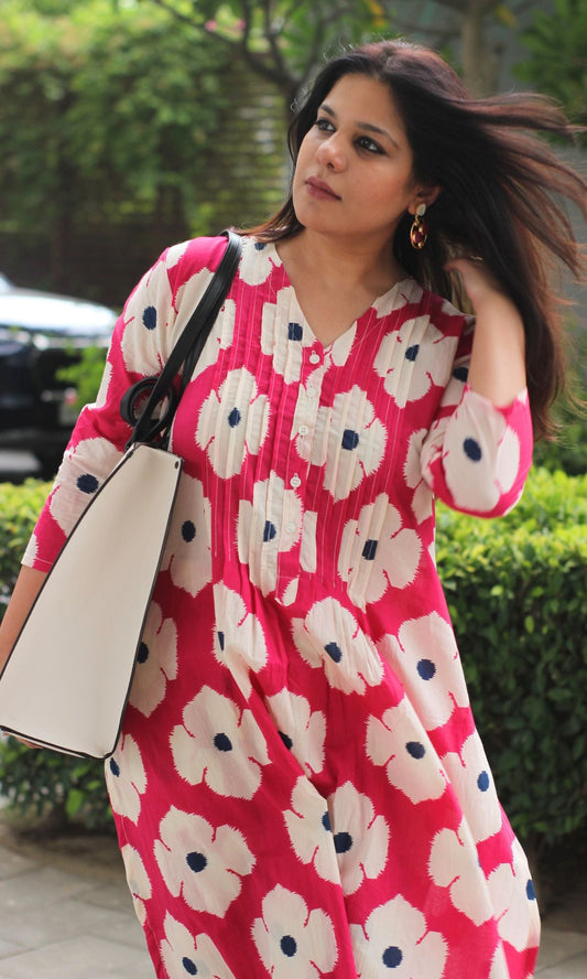 Cotton Hot Pink Hibiscus Print Co - ord - Baareeki
