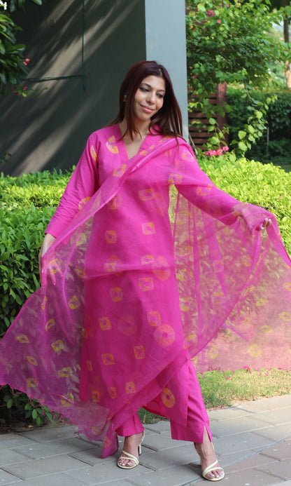 Cotton Hot Pink Shibori Suit Set with Kota Doria Dupatta - Baareeki