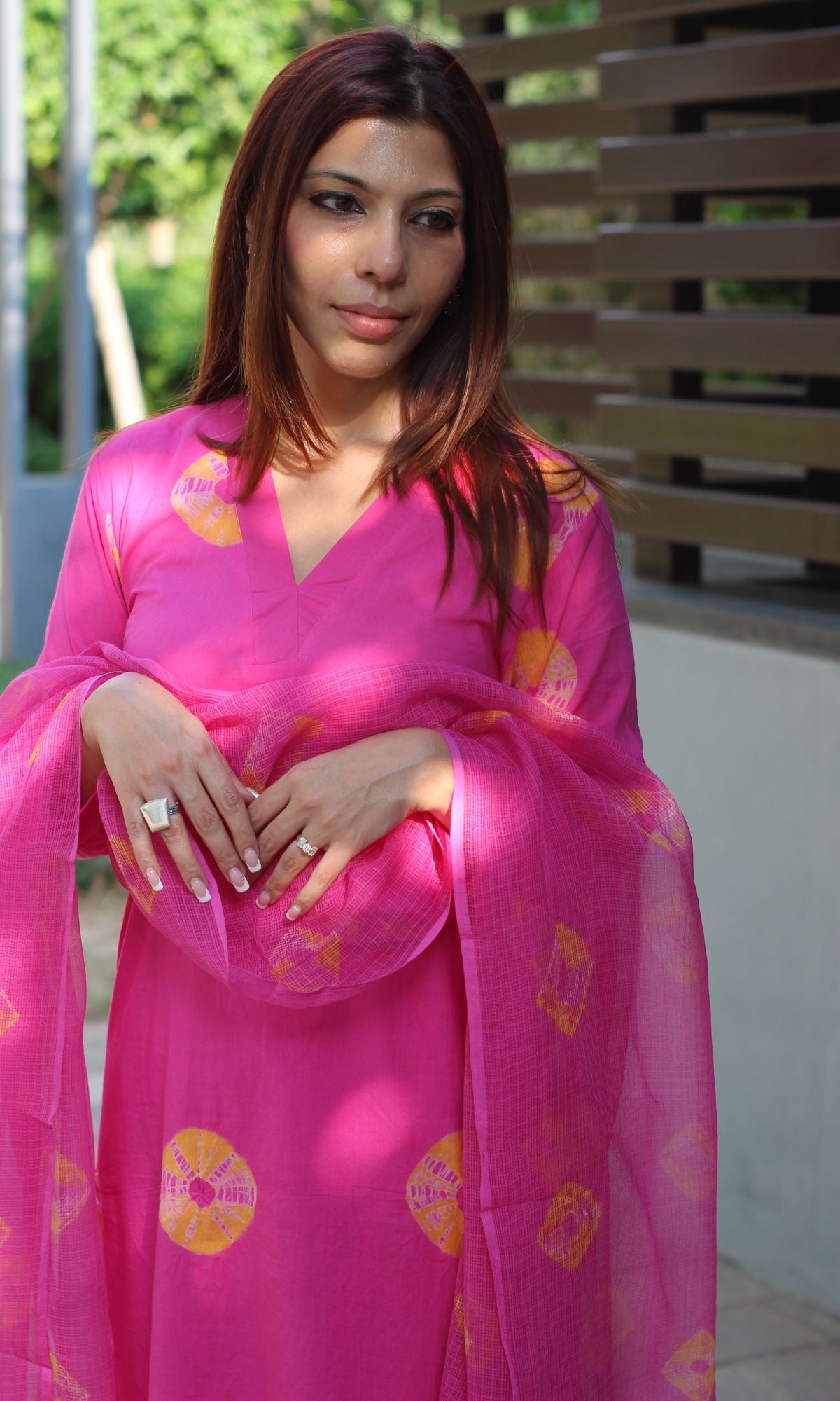 Cotton Hot Pink Shibori Suit Set with Kota Doria Dupatta - Baareeki