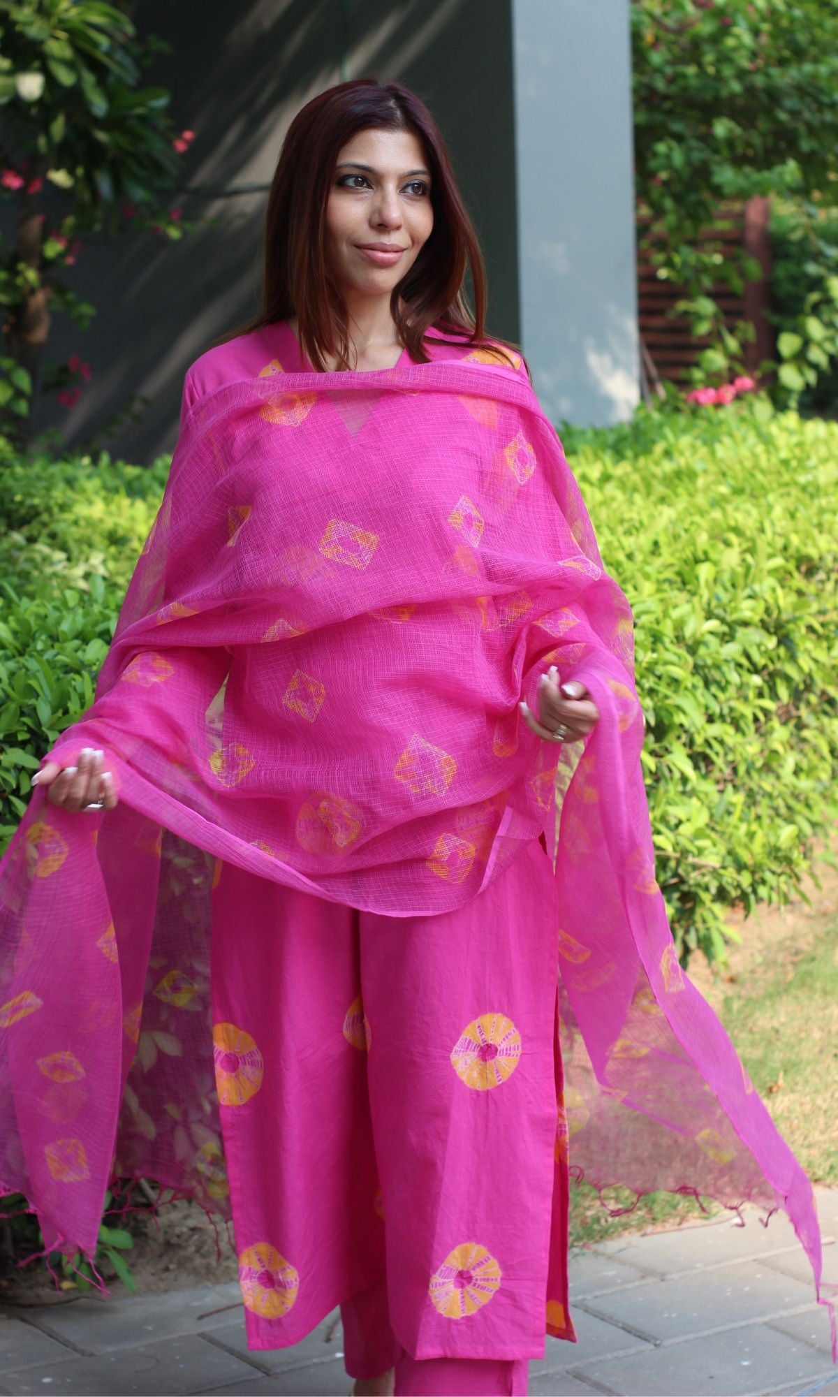 Cotton Hot Pink Shibori Suit Set with Kota Doria Dupatta - Baareeki