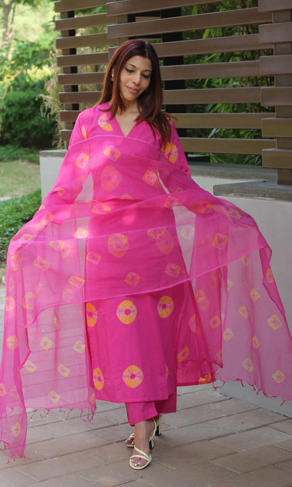 Cotton Hot Pink Shibori Suit Set with Kota Doria Dupatta - Baareeki