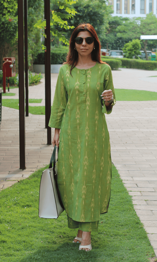 Cotton Ikkat Matcha Buttoned Kurta & Pants - Baareeki