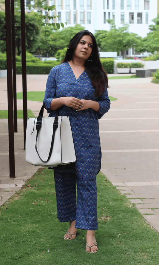 Cotton Indigo Bloom Pathani Style Kurta & Pants - Baareeki
