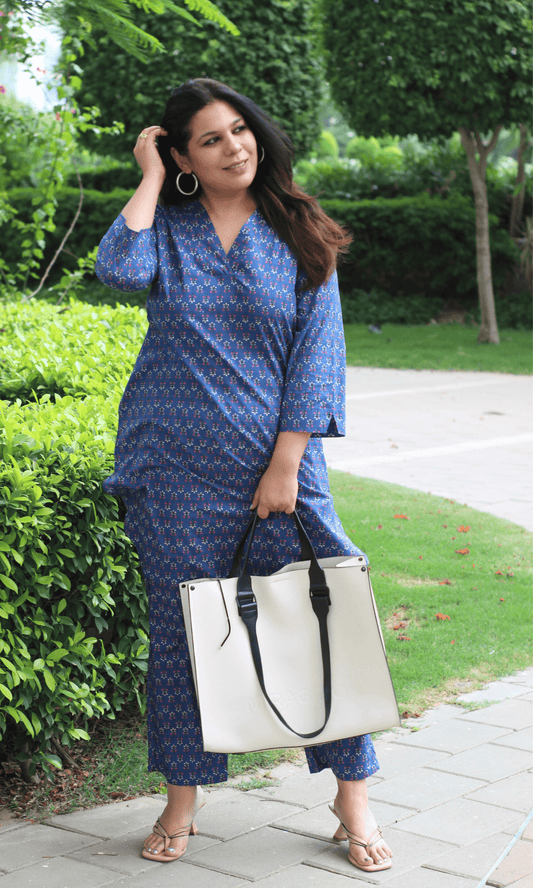 Cotton Indigo Bloom Pathani Style Kurta & Pants - Baareeki