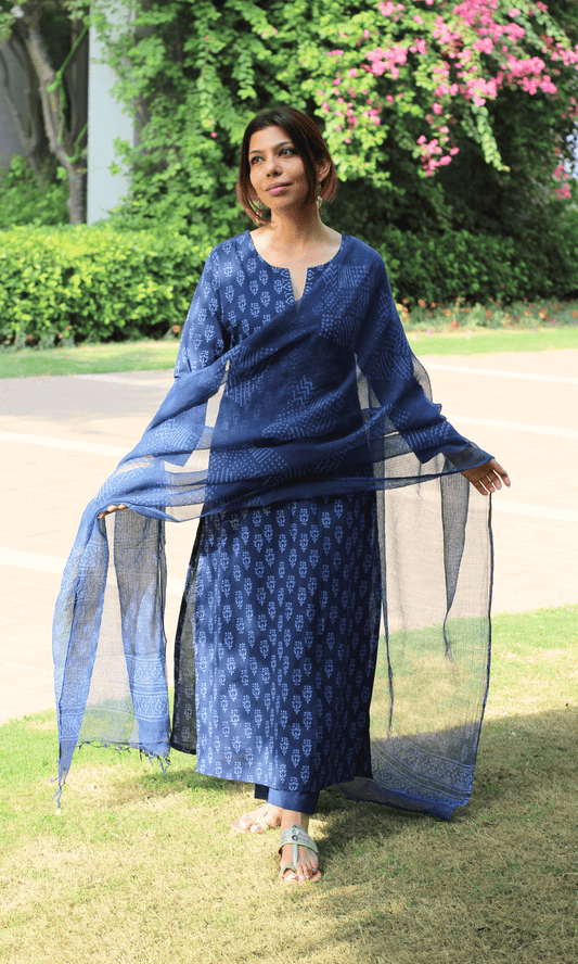 Cotton Indigo Boota Handblock Print Suit with Kota Doria Handblock Printed Dupatta - Baareeki