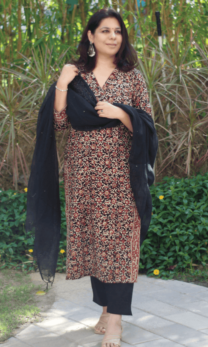 Cotton Kalamkari Black Kurta (Dupatta optional) - Baareeki