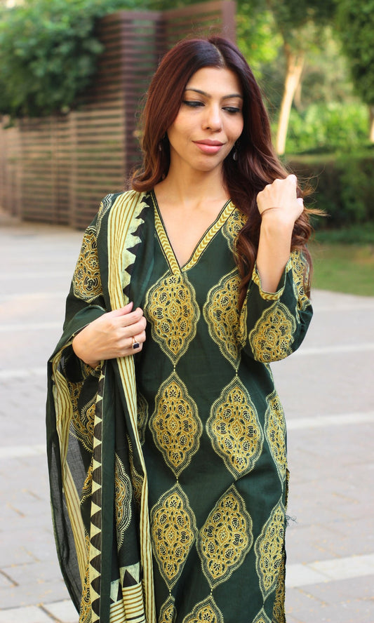 Cotton Kale Geometric Mughal Print Suit with Cotton Printed Dupatta - Baareeki