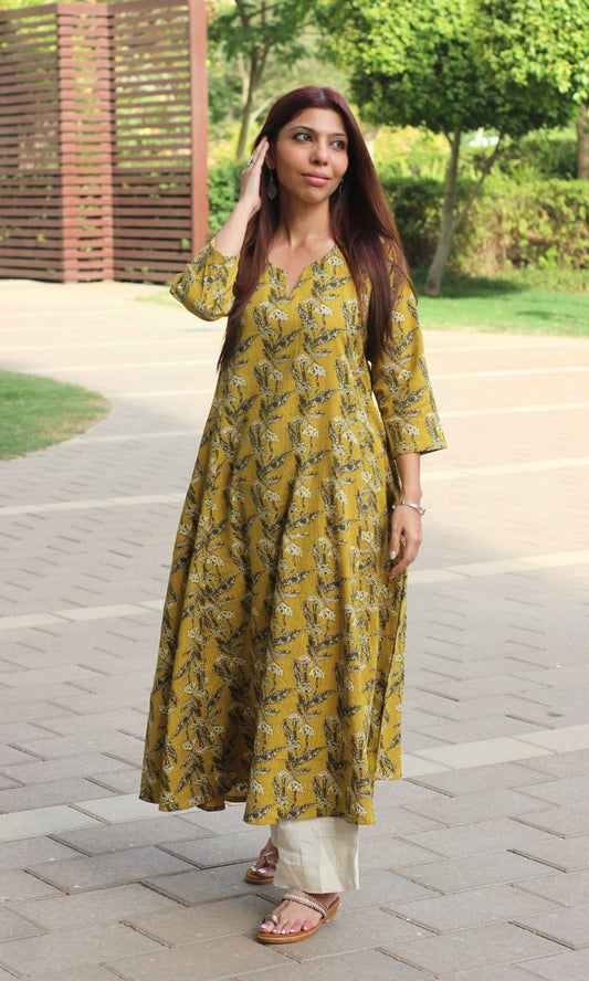 Cotton Kantha Amber Handblock Print Kali Kurta - Baareeki