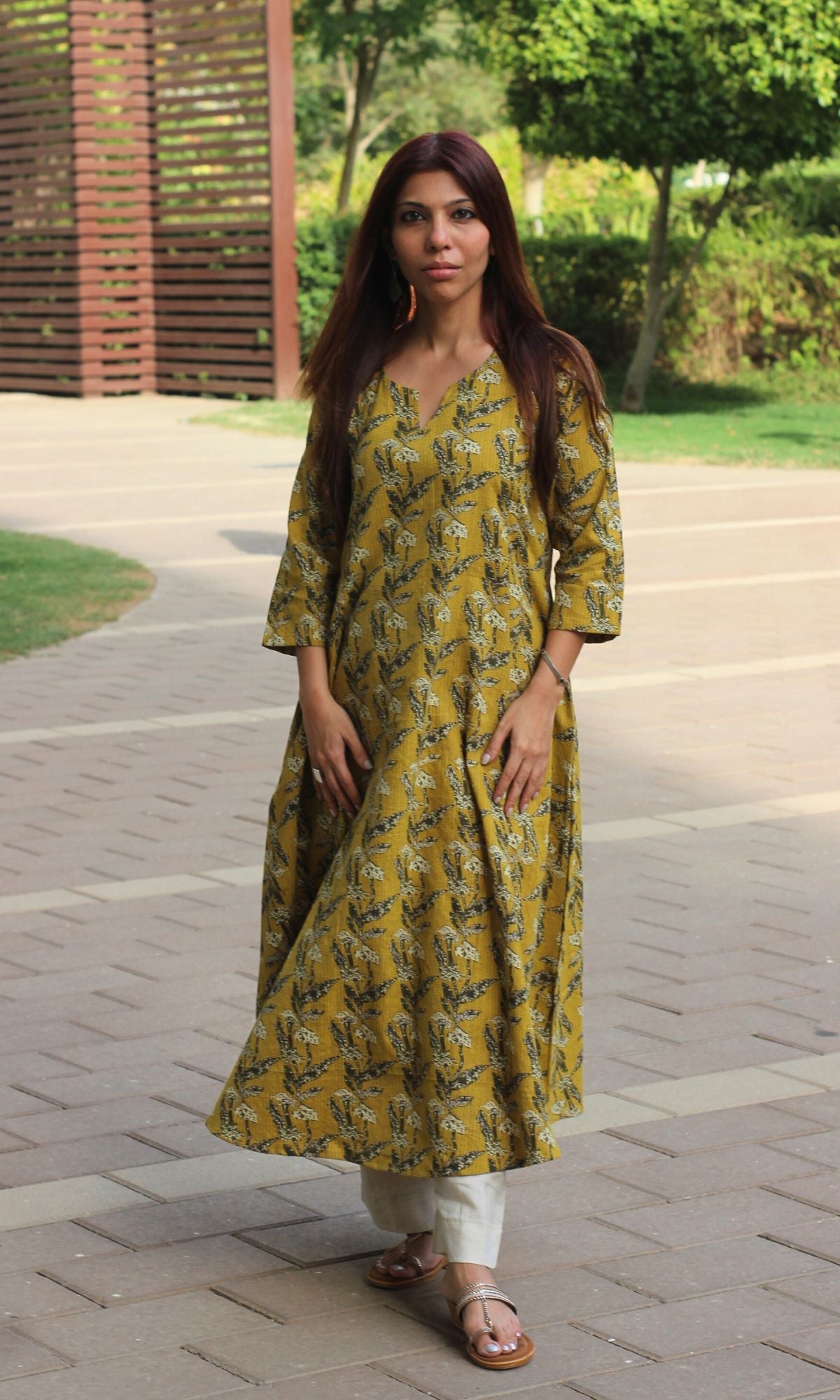 Cotton Kantha Amber Handblock Print Kali Kurta - Baareeki