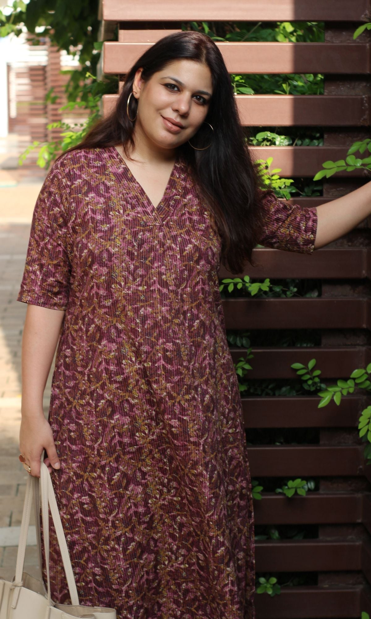 Cotton Kantha Berry Pink Pleated Kurta and Pants - Baareeki