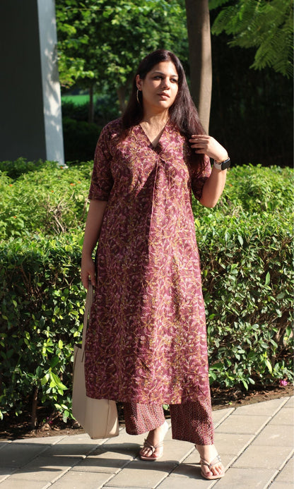 Cotton Kantha Berry Pink Pleated Kurta and Pants - Baareeki