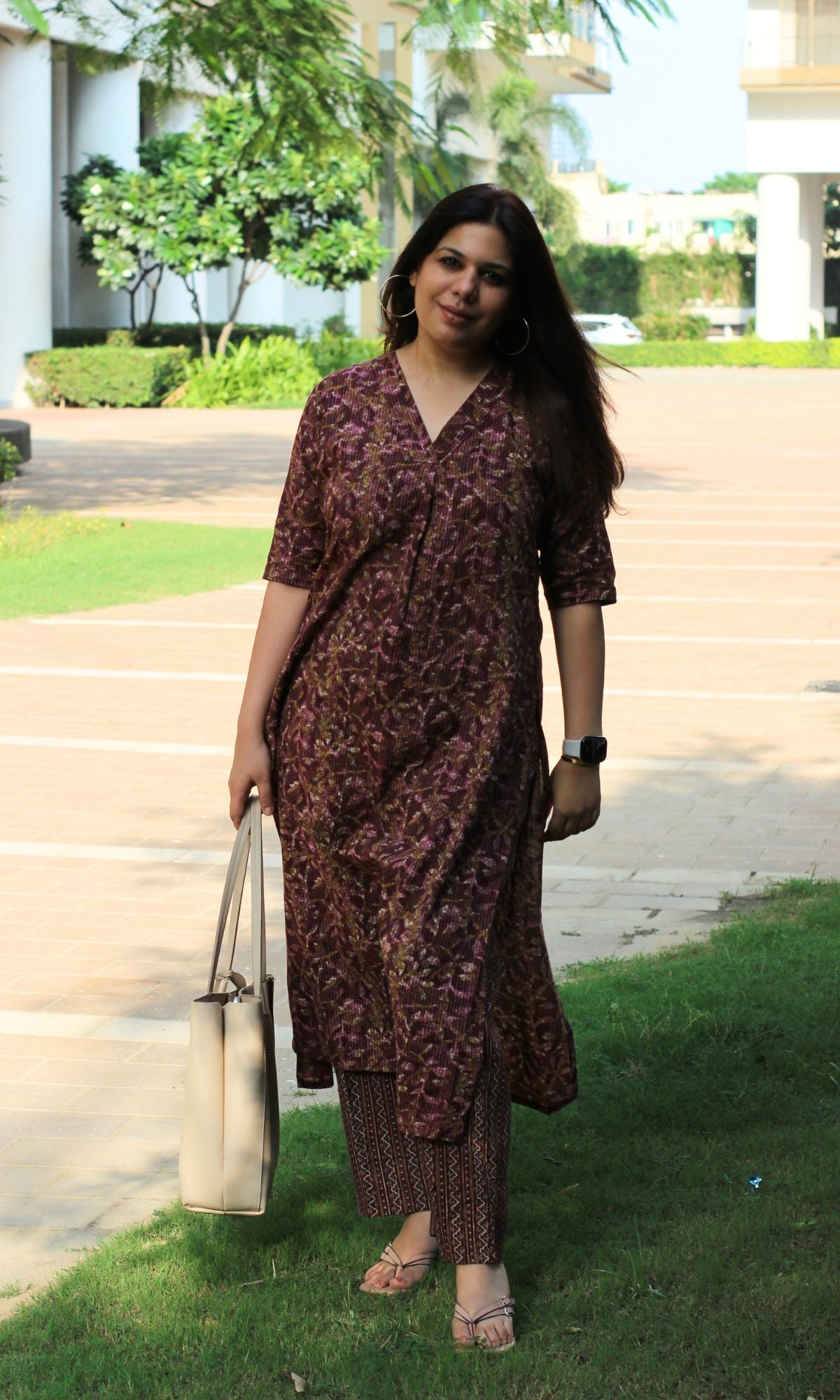 Cotton Kantha Berry Pink Pleated Kurta and Pants - Baareeki