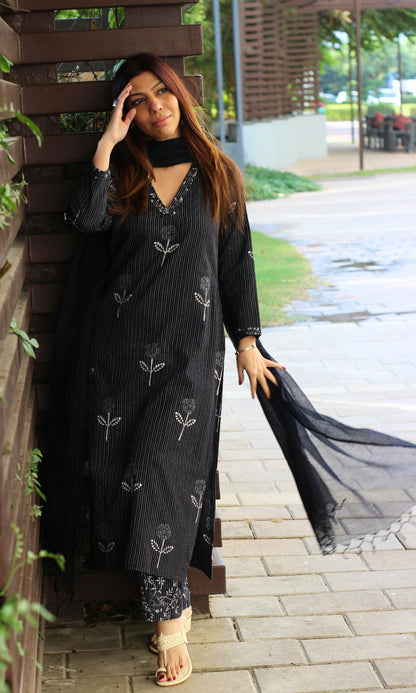 Cotton Kantha Handblock Kurta with Pants & Kota Doria Dupatta - Baareeki