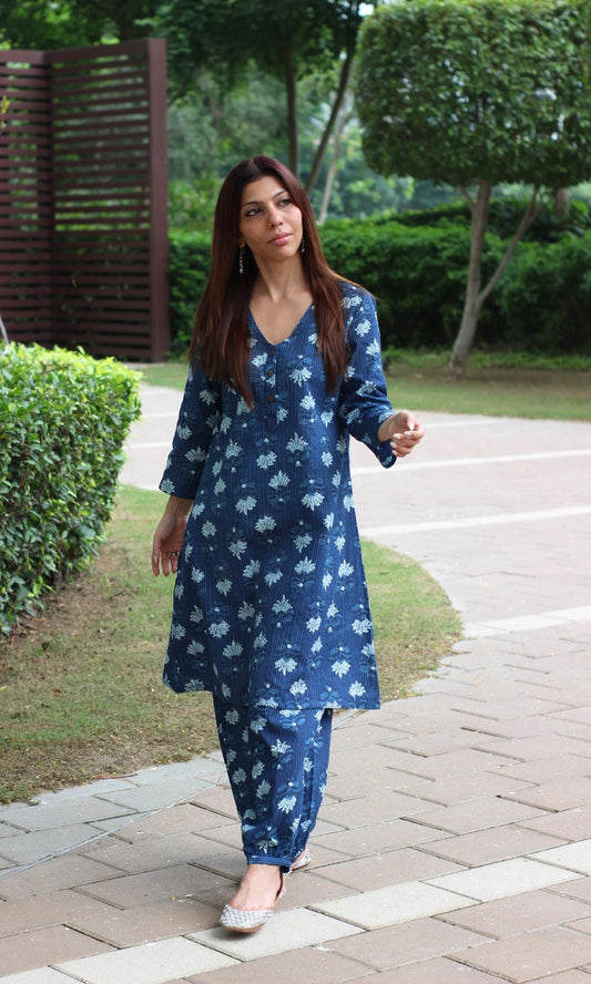 Cotton Kantha Indigo Printed A - line Kurta with Pathani Pants - Baareeki