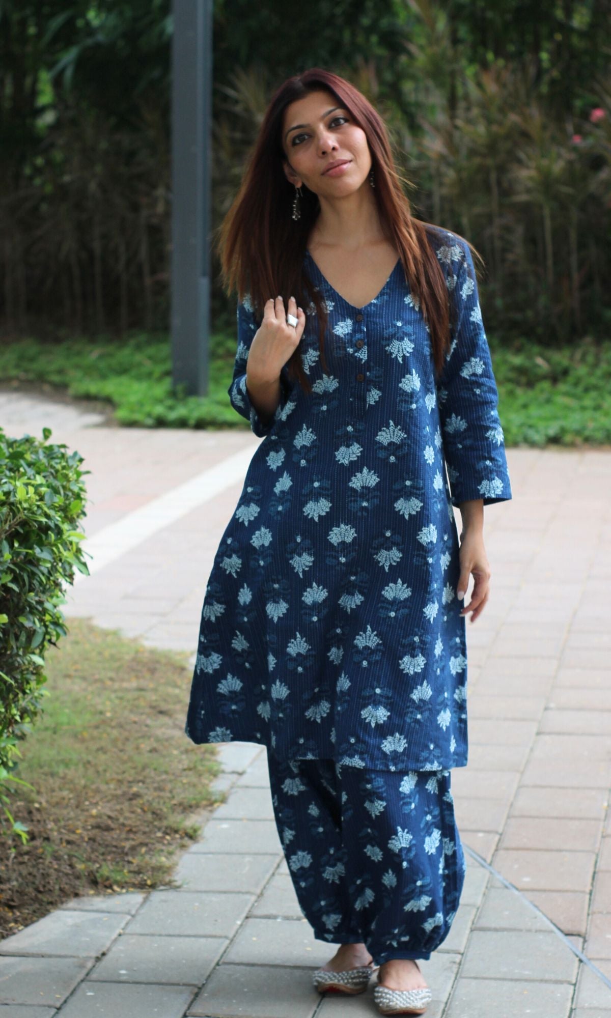 Cotton Kantha Indigo Printed A - line Kurta with Pathani Pants - Baareeki