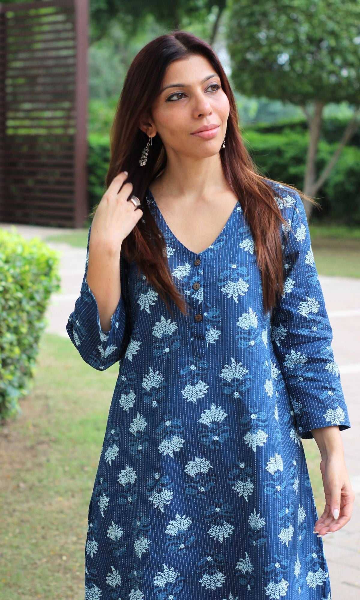 Cotton Kantha Indigo Printed A - line Kurta with Pathani Pants - Baareeki