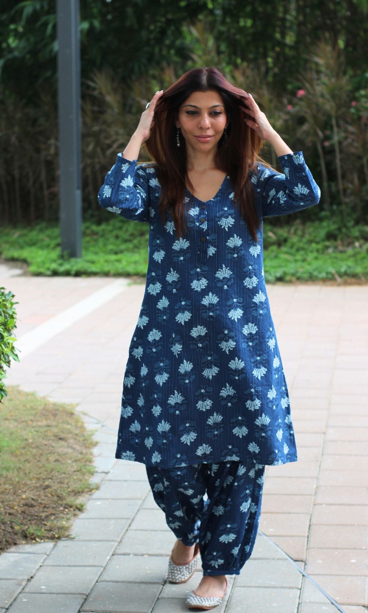 Cotton Kantha Indigo Printed A - line Kurta with Pathani Pants - Baareeki