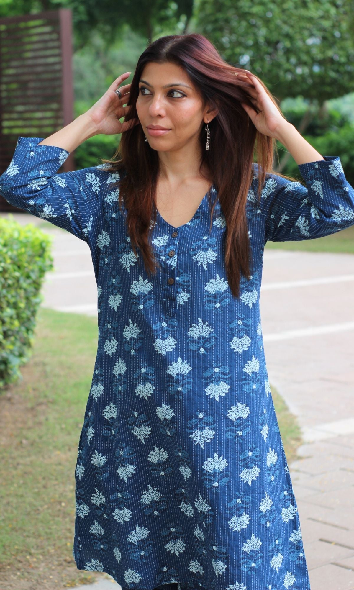 Cotton Kantha Indigo Printed A - line Kurta with Pathani Pants - Baareeki