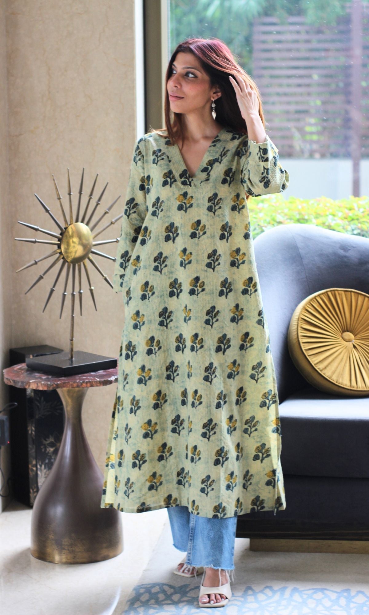 Cotton Kantha Summer Green Vanaspati print A - line Kurta - Baareeki