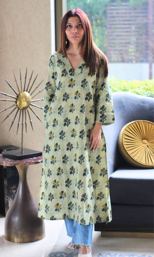 Cotton Kantha Summer Green Vanaspati print A - line Kurta - Baareeki