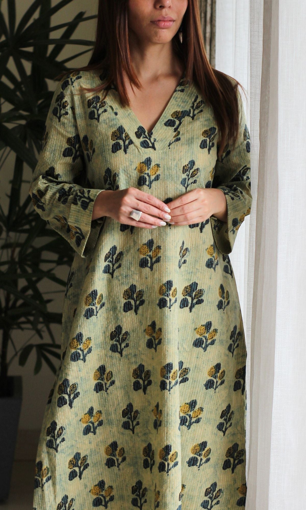 Cotton Kantha Summer Green Vanaspati print A - line Kurta - Baareeki