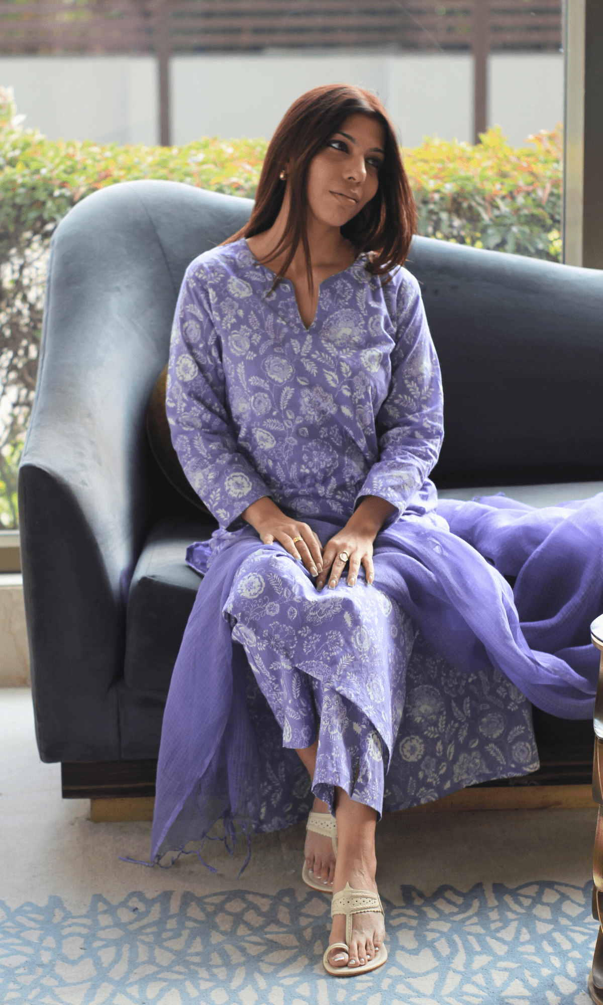 Cotton Lavender Bloom Printed Suit with Kota Doria Dupatta - Baareeki