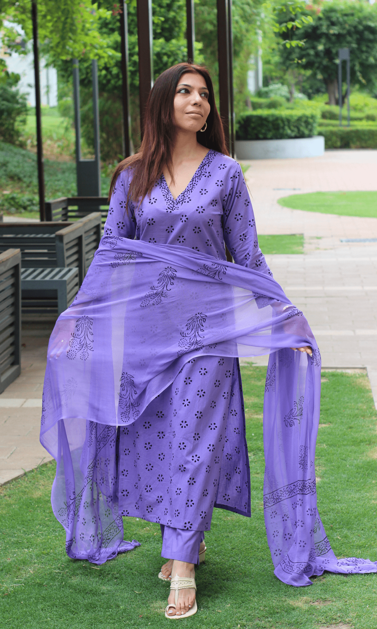 Cotton Lavender Dotted Flower Print Suit with Chiffon Handblock Print Dupatta - Baareeki