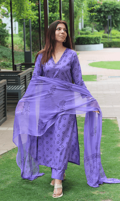 Cotton Lavender Dotted Flower Print Suit with Chiffon Handblock Print Dupatta - Baareeki