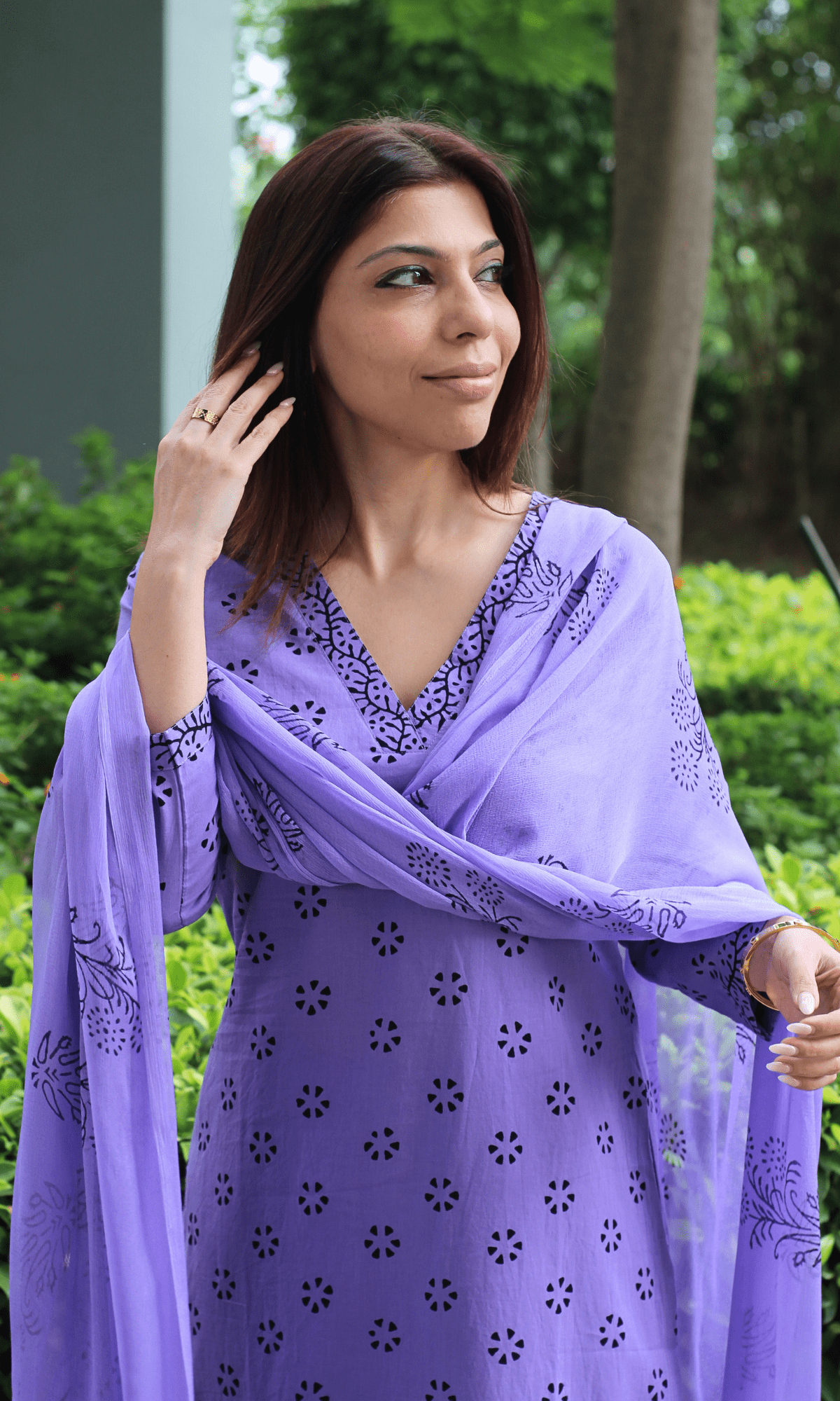 Cotton Lavender Dotted Flower Print Suit with Chiffon Handblock Print Dupatta - Baareeki