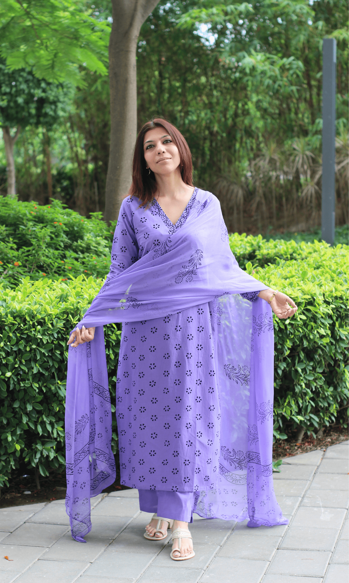 Cotton Lavender Dotted Flower Print Suit with Chiffon Handblock Print Dupatta - Baareeki