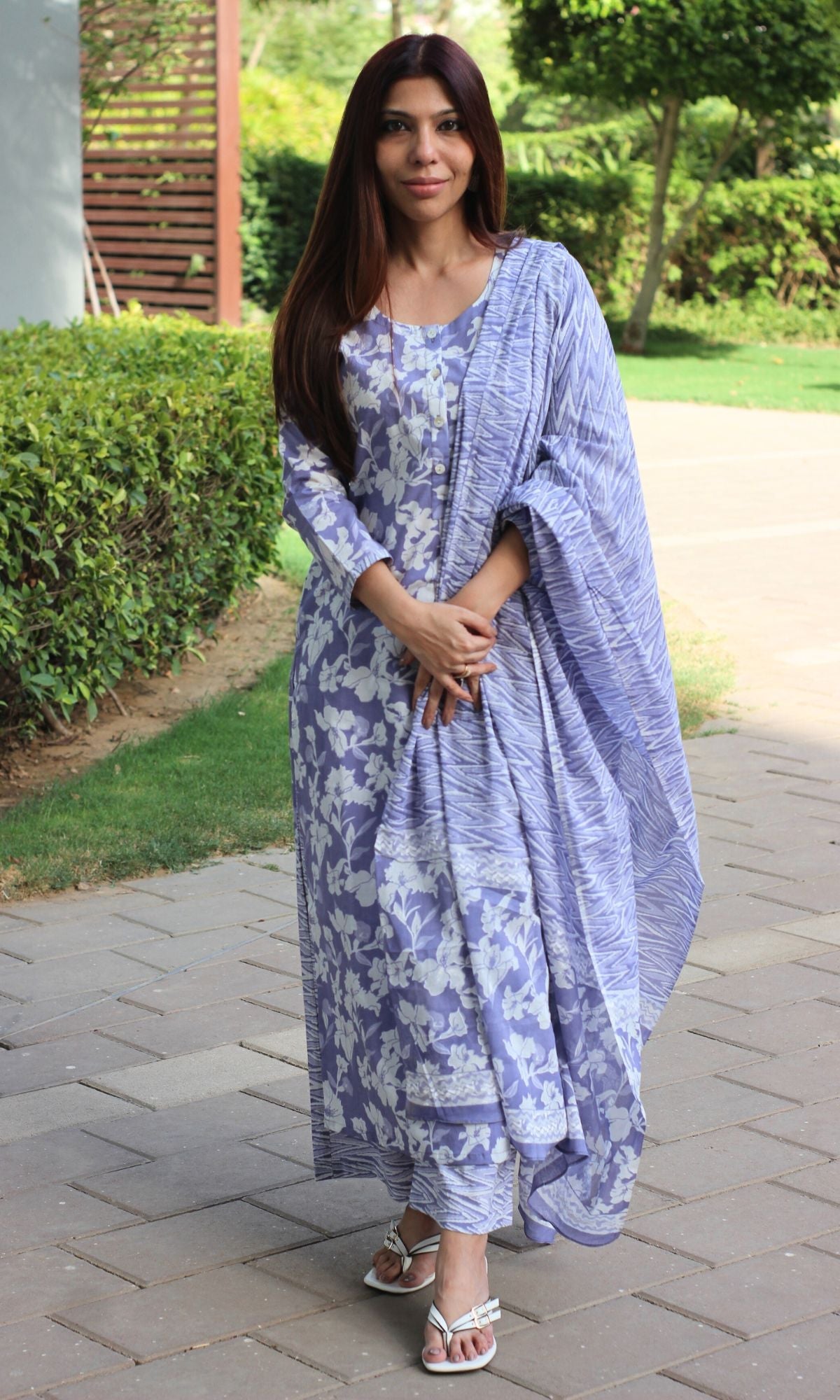 Cotton Lavender Floral Print Suit Set with Printed Cotton Dupatta - Baareeki