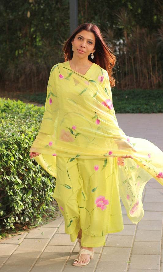 Cotton Lemon & Pink Hand Painted Suit with Chiffon Hand Painted Dupatta - Baareeki