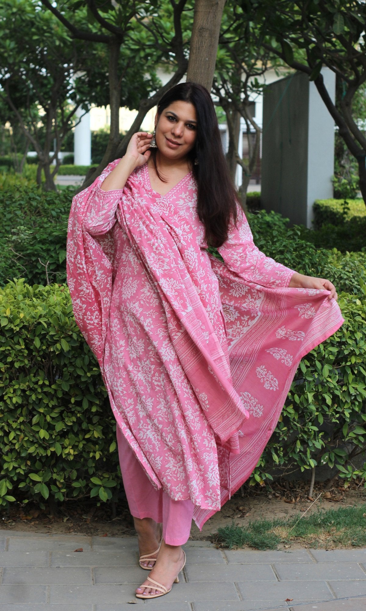 Cotton Light Blush Printed Suit Set with Cotton Printed Dupatta - Baareeki