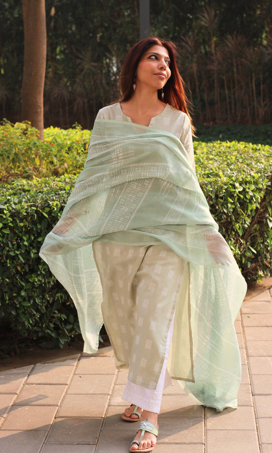 Cotton Light Khaki Weaved Kurta with Mul Printed Dupatta - Baareeki