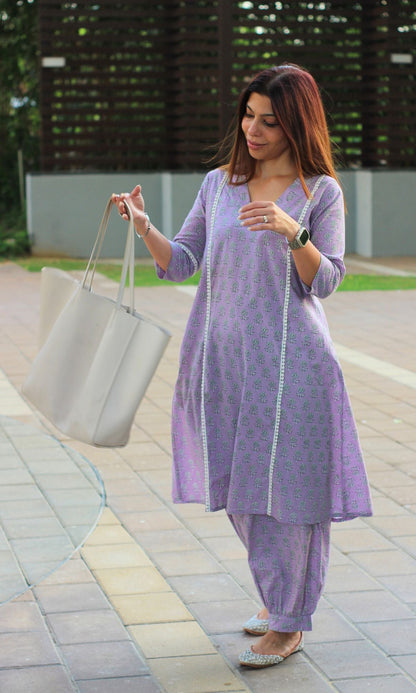 Cotton Light Purple Kurta and Pathani Pants - Baareeki