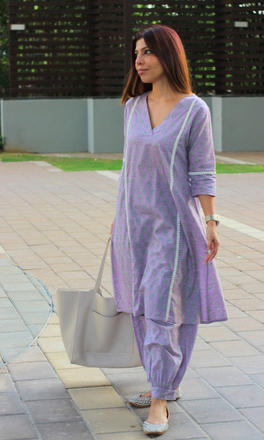 Cotton Light Purple Kurta and Pathani Pants - Baareeki