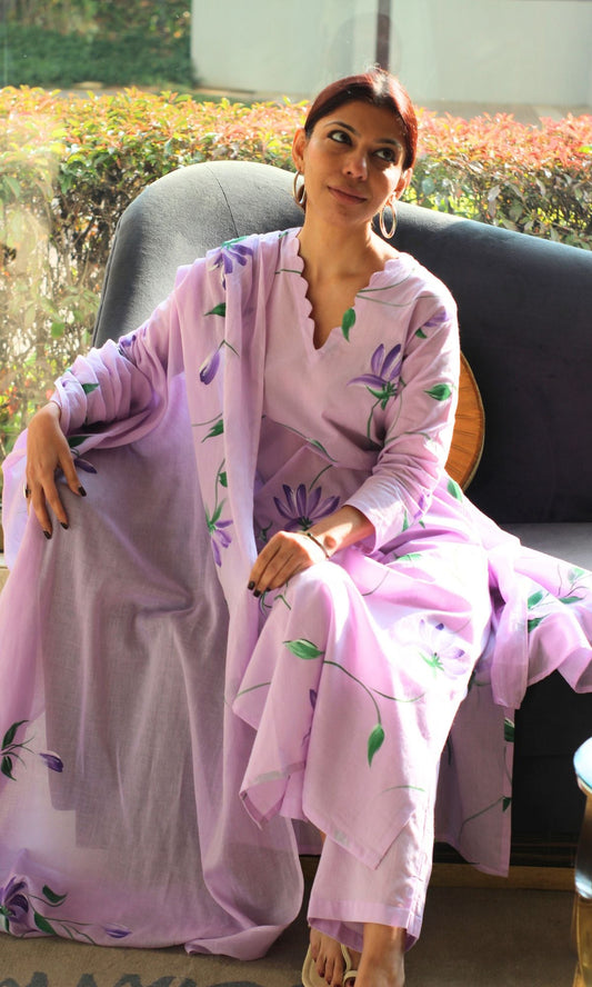 Cotton Lilac Handbrush Painted Suit with Cotton Handpainted Dupatta - Baareeki