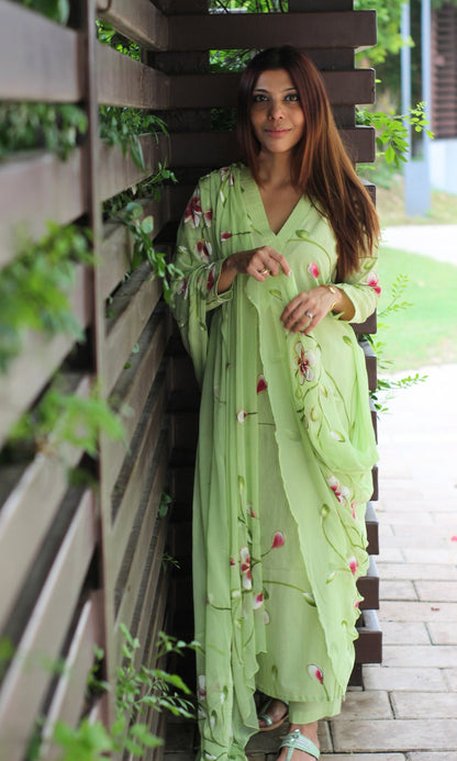 Cotton Lime Green Handpainted Suit Set with Chiffon Handpainted Dupatta - Baareeki