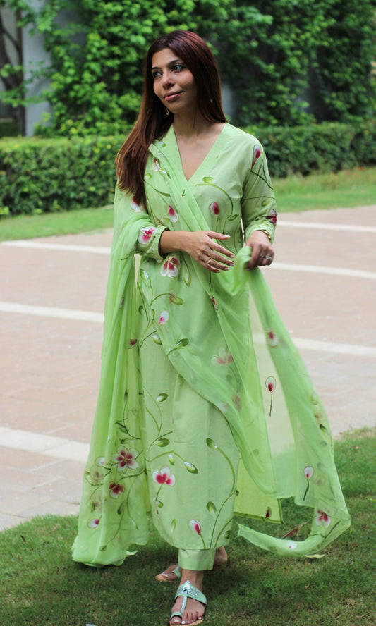 Cotton Lime Green Handpainted Suit Set with Chiffon Handpainted Dupatta - Baareeki