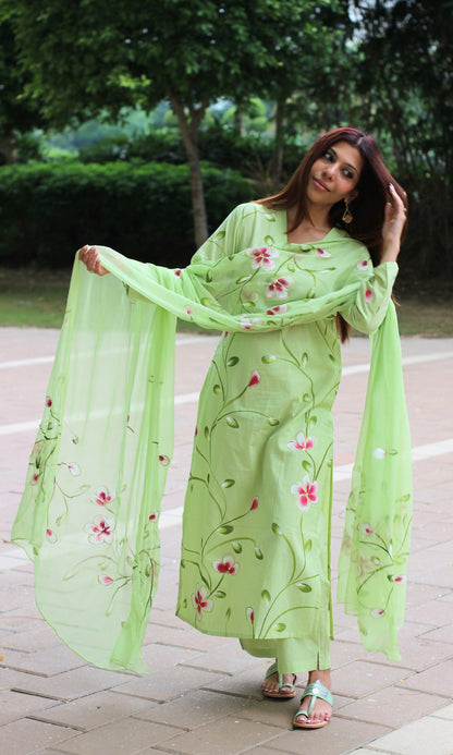 Cotton Lime Green Handpainted Suit Set with Chiffon Handpainted Dupatta - Baareeki