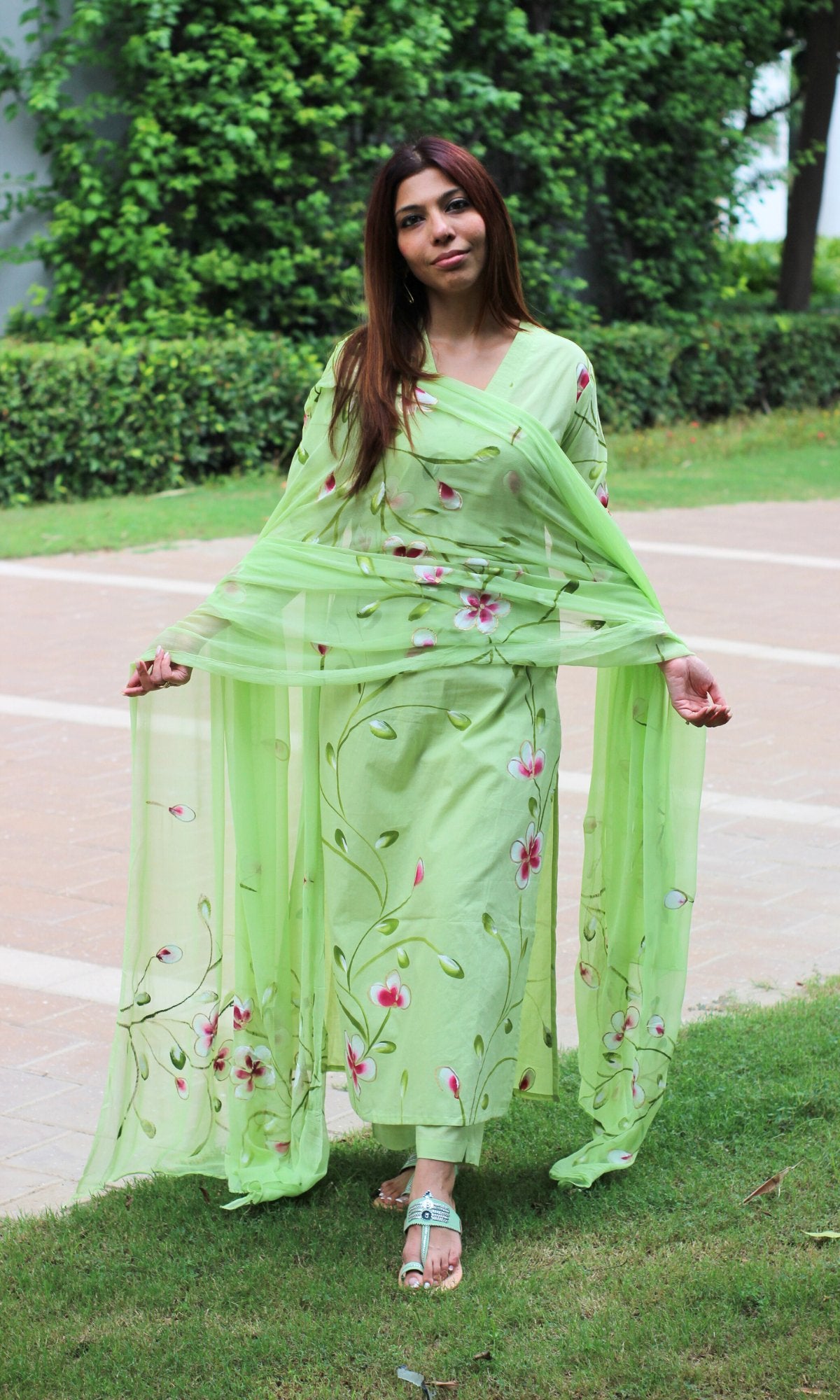 Cotton Lime Green Handpainted Suit Set with Chiffon Handpainted Dupatta - Baareeki