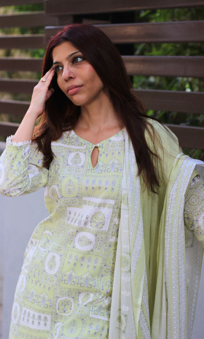 Cotton Lime Green Printed Pearl Button Suit Set with Cotton Dupatta - Baareeki