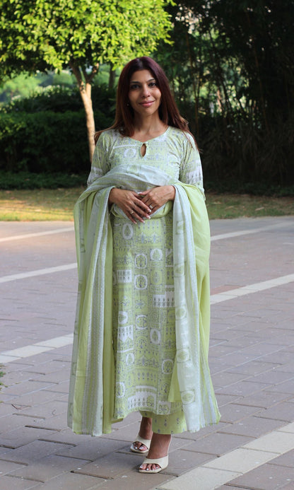 Cotton Lime Green Printed Pearl Button Suit Set with Cotton Dupatta - Baareeki