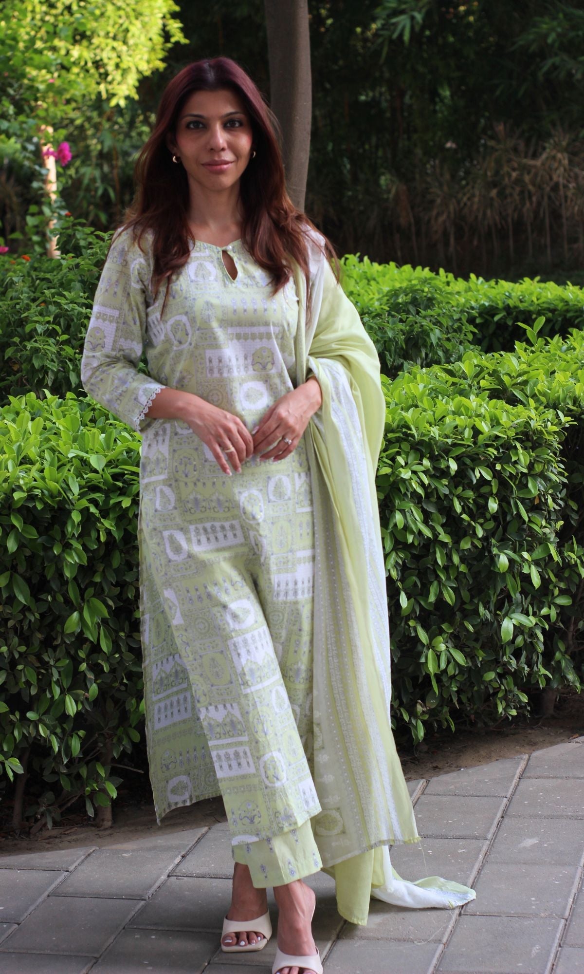 Cotton Lime Green Printed Pearl Button Suit Set with Cotton Dupatta - Baareeki