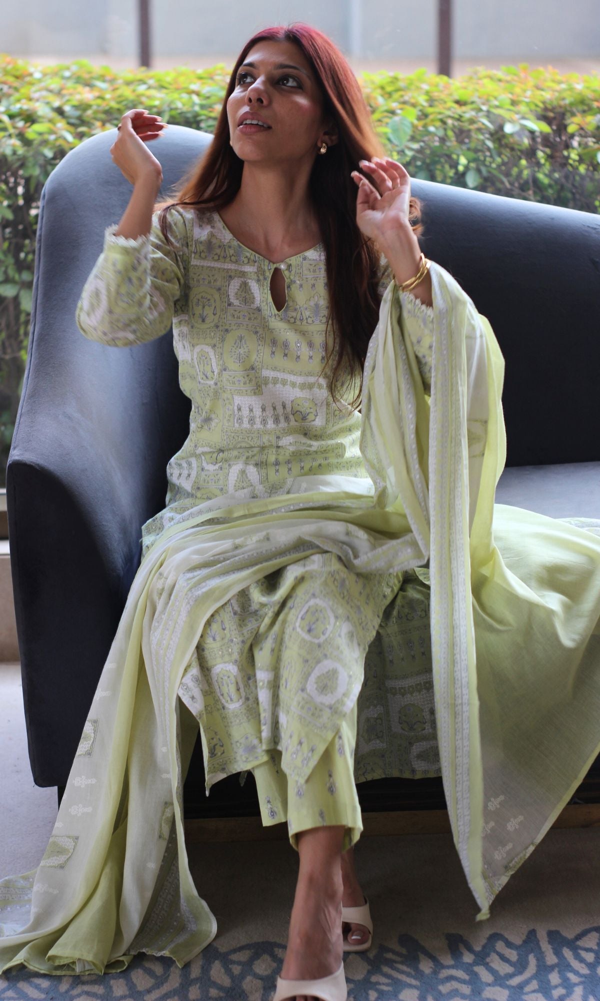 Cotton Lime Green Printed Pearl Button Suit Set with Cotton Dupatta - Baareeki