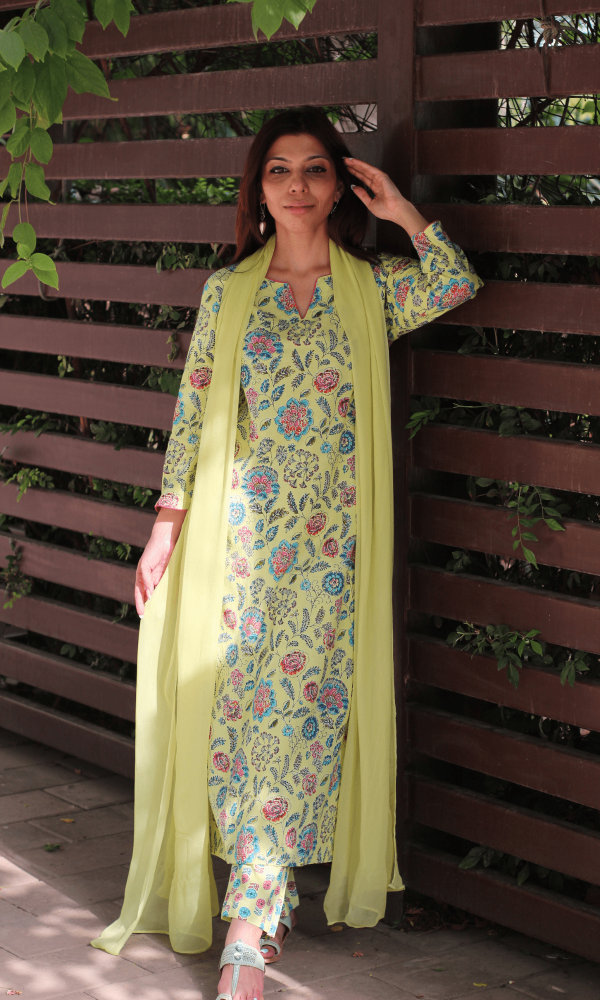 Cotton Lime Zest Printed Kurta, Pant & Chiffon Dupatta - Baareeki