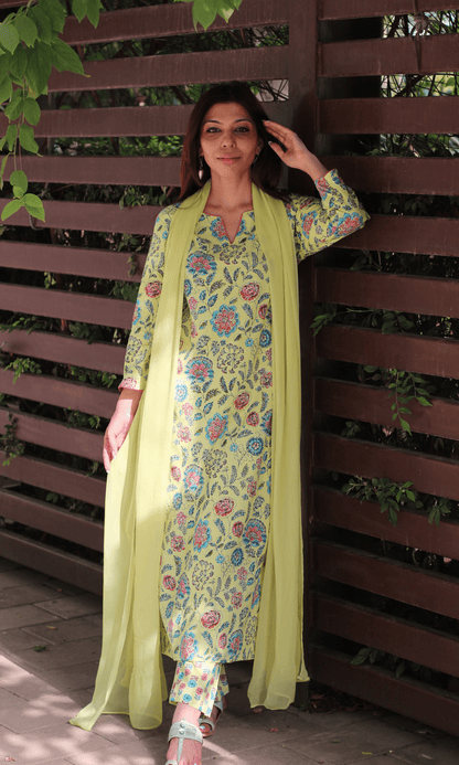 Cotton Lime Zest Printed Kurta, Pant & Chiffon Dupatta - Baareeki