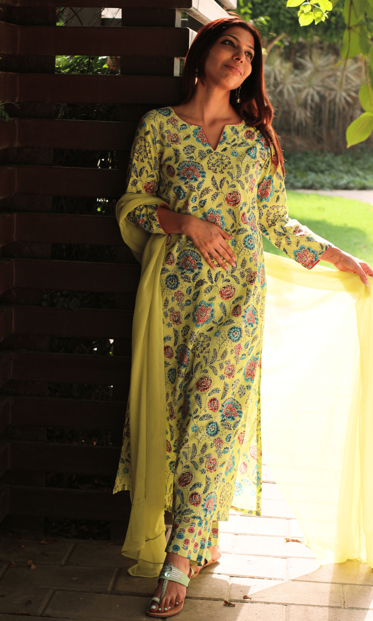Cotton Lime Zest Printed Kurta, Pant & Chiffon Dupatta - Baareeki